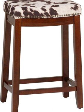 Stylish 24" Wooden Counter Stool with Brown & Ivory Faux Cow Print Upholstery